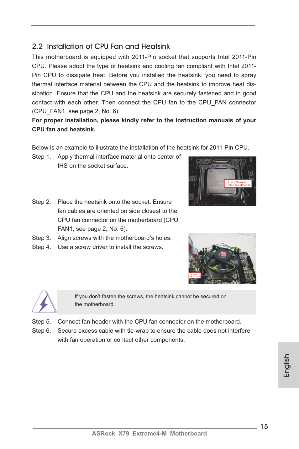 English 2.2 installation of cpu fan and heatsink | ASRock X79 Extreme4-M User Manual | Page 15 / 229