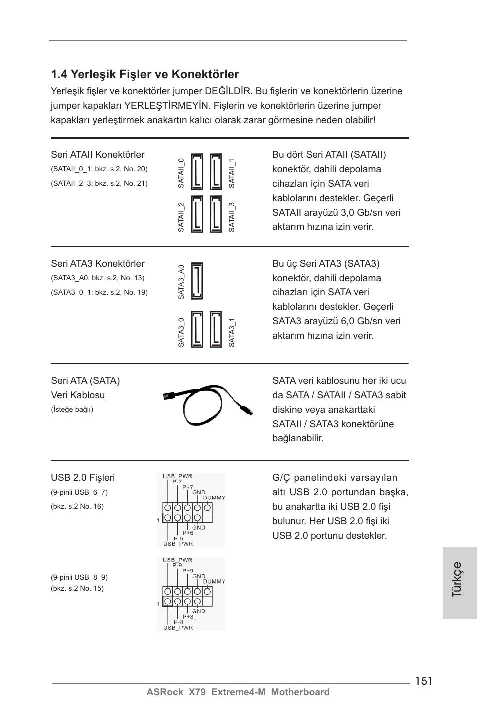 Türkçe 1.4 yerleşik fişler ve konektörler | ASRock X79 Extreme4-M User Manual | Page 151 / 229