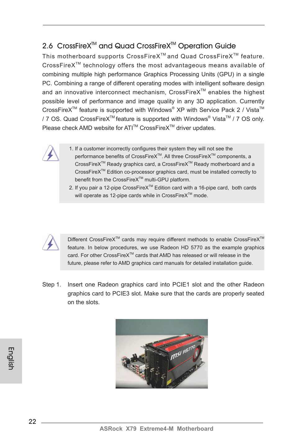 English, 6 crossfirex, And quad crossfirex | Operation guide, Asrock x79 extreme4-m motherboard, This motherboard supports crossfirex, Feature. crossfirex, Feature is supported with windows, Xp with service pack 2 / vista, 7 os. quad crossfirex | ASRock X79 Extreme4-M User Manual | Page 22 / 229