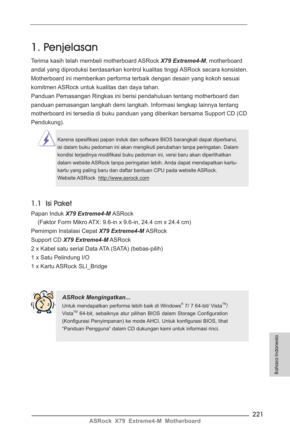 Indonesian, Penjelasan, 1 isi paket | ASRock X79 Extreme4-M User Manual | Page 221 / 229