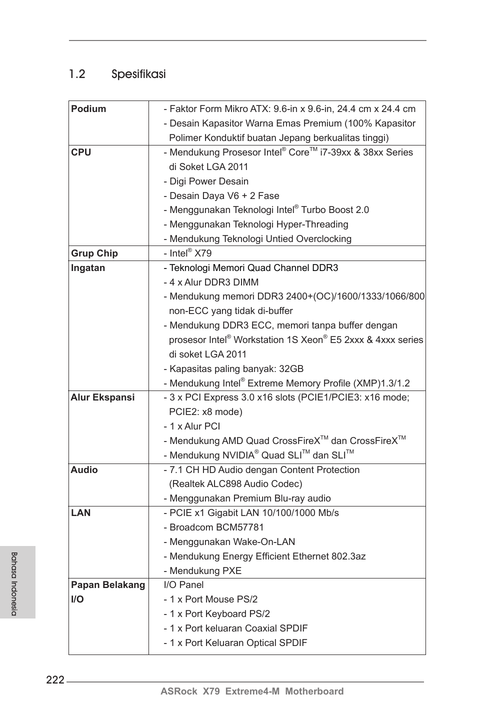 2 spesifikasi | ASRock X79 Extreme4-M User Manual | Page 222 / 229