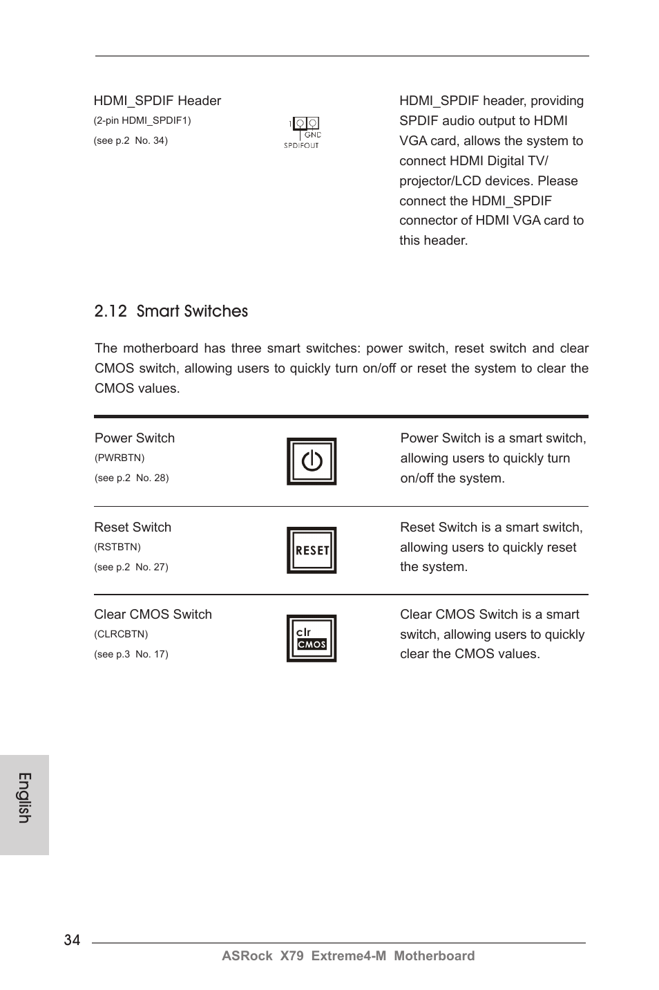 English, 12 smart switches | ASRock X79 Extreme4-M User Manual | Page 34 / 229