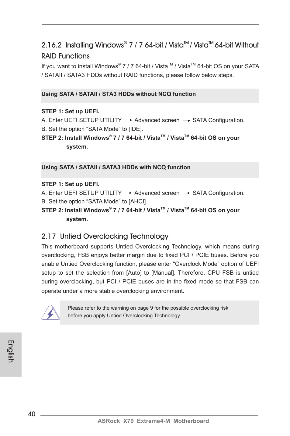 English 2.16.2 installing windows, 7 / 7 64-bit / vista, Vista | Bit without raid functions, 17 untied overclocking technology | ASRock X79 Extreme4-M User Manual | Page 40 / 229