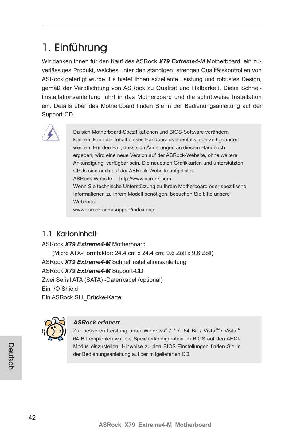 German, Einführung, 1 kartoninhalt | Deutsch | ASRock X79 Extreme4-M User Manual | Page 42 / 229