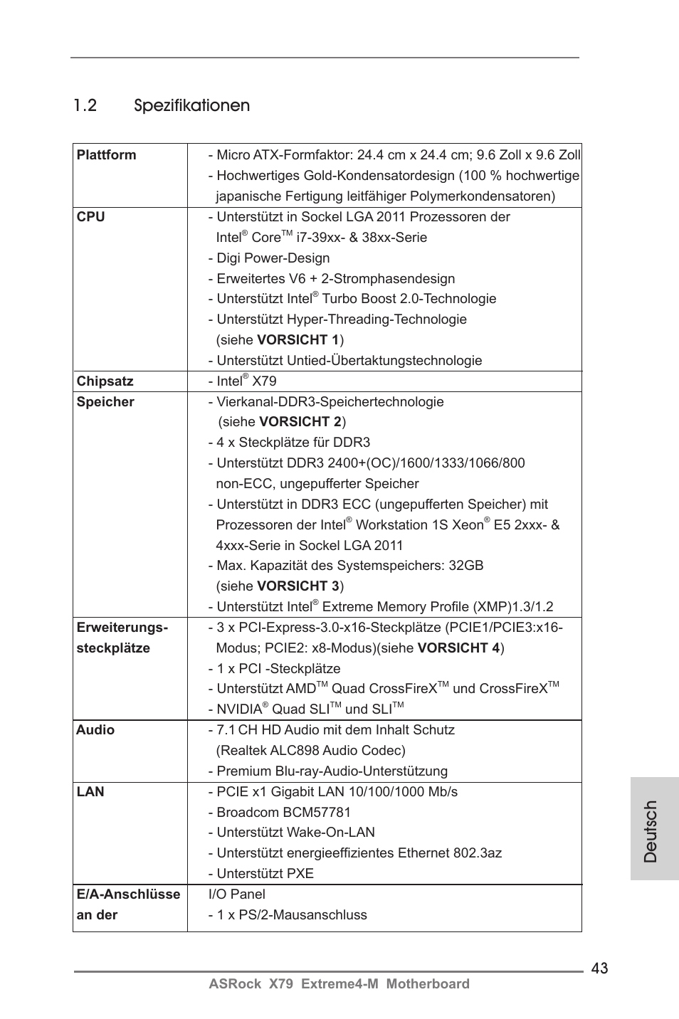 Deutsch 1.2 spezifikationen | ASRock X79 Extreme4-M User Manual | Page 43 / 229