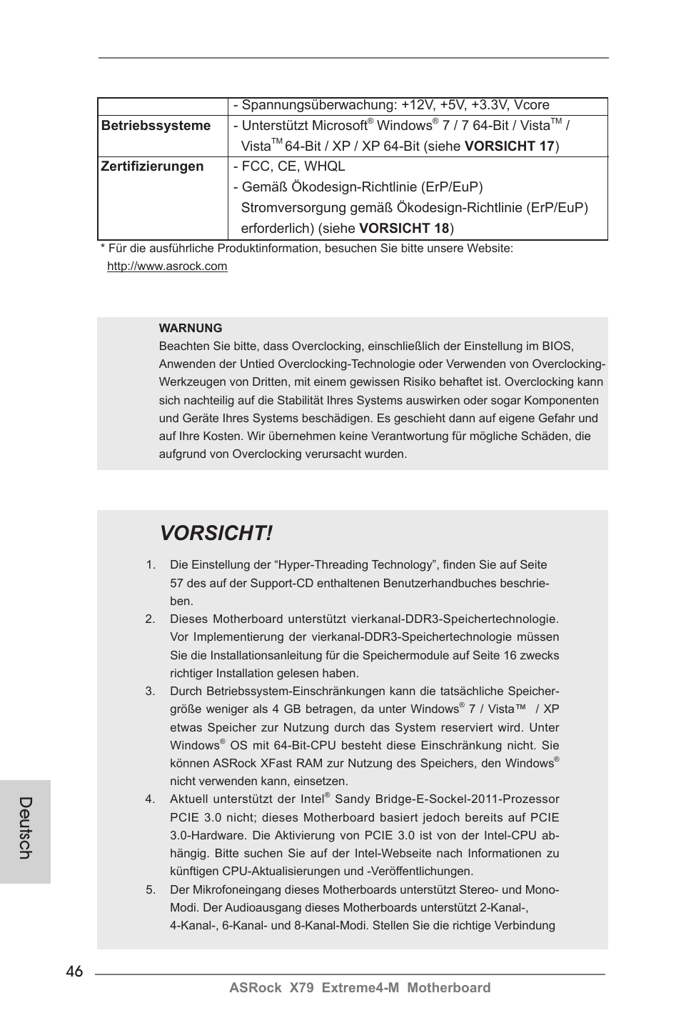 Vorsicht, Deutsch | ASRock X79 Extreme4-M User Manual | Page 46 / 229
