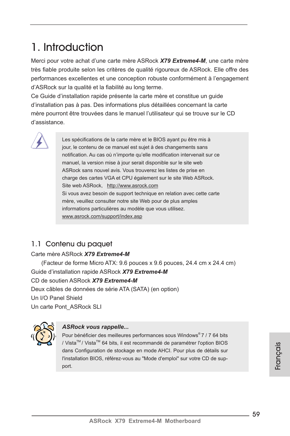 French, Introduction, 1 contenu du paquet | Français | ASRock X79 Extreme4-M User Manual | Page 59 / 229