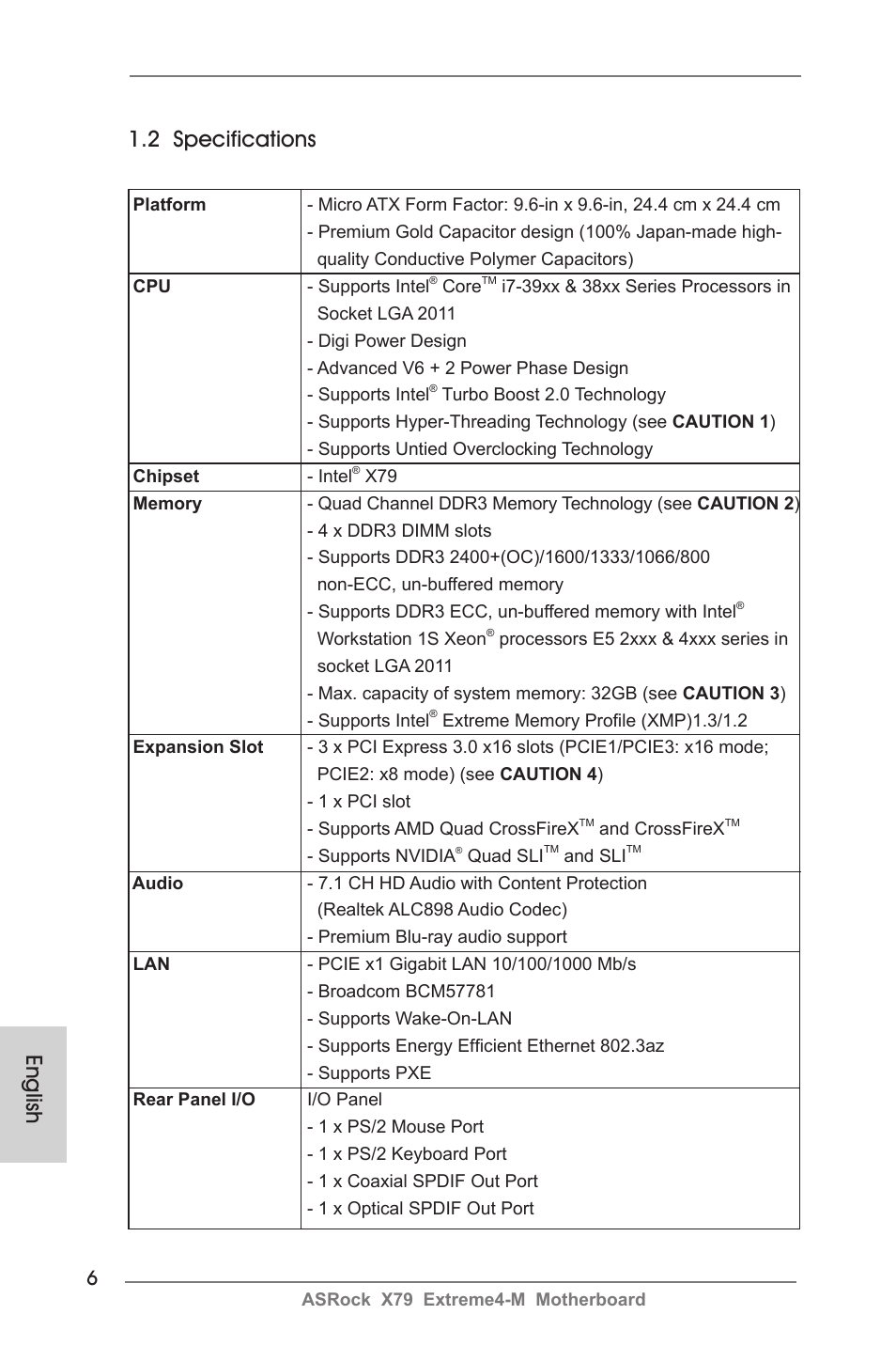 English 1.2 specifications | ASRock X79 Extreme4-M User Manual | Page 6 / 229