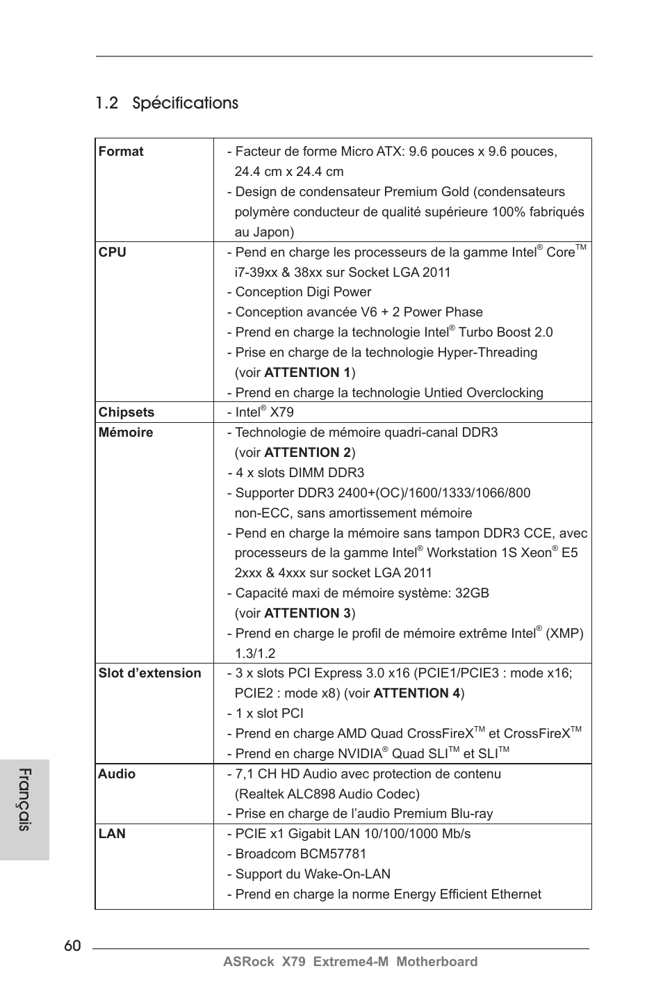2 spécifications, Français | ASRock X79 Extreme4-M User Manual | Page 60 / 229