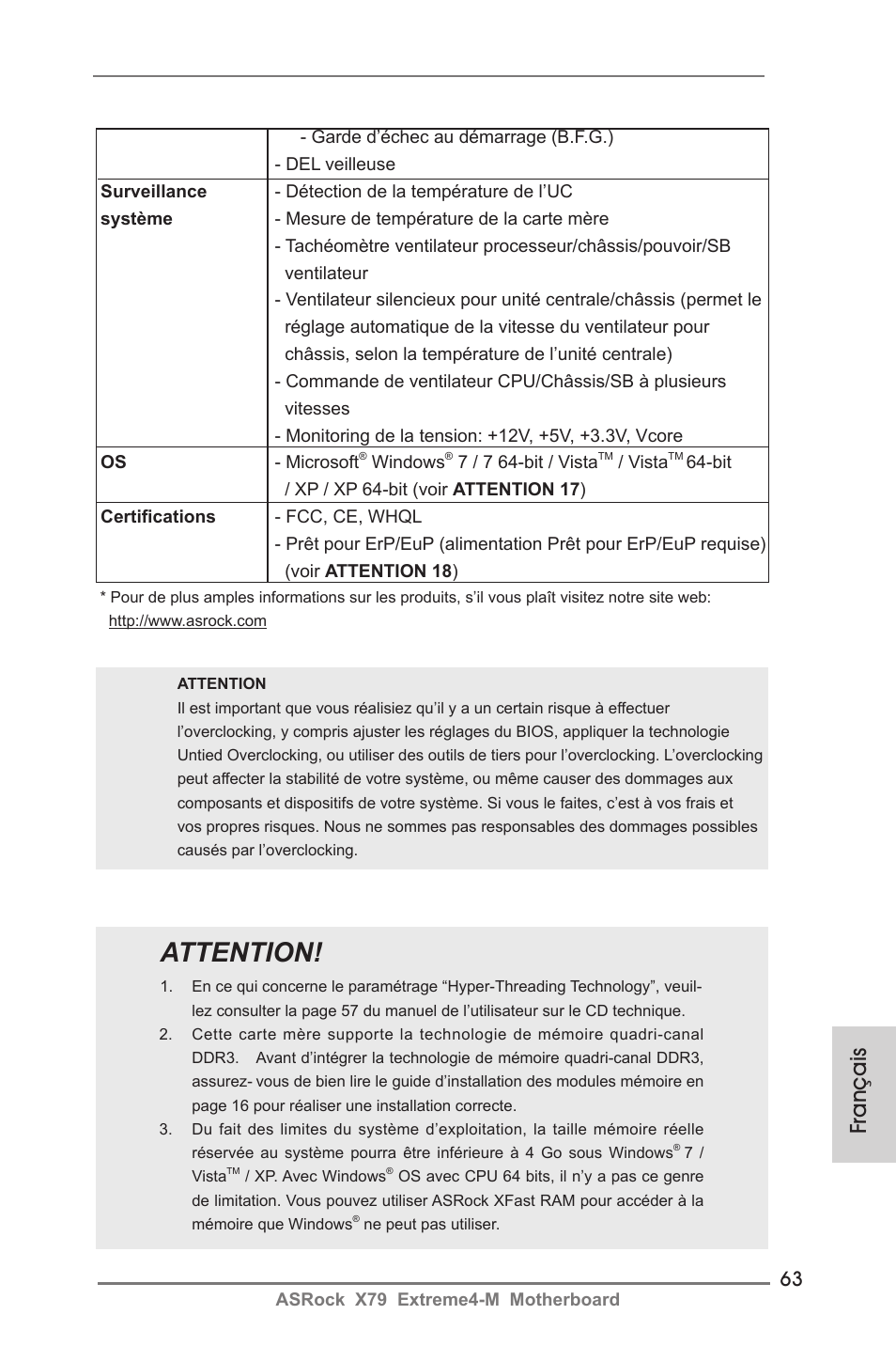 Attention, Français | ASRock X79 Extreme4-M User Manual | Page 63 / 229