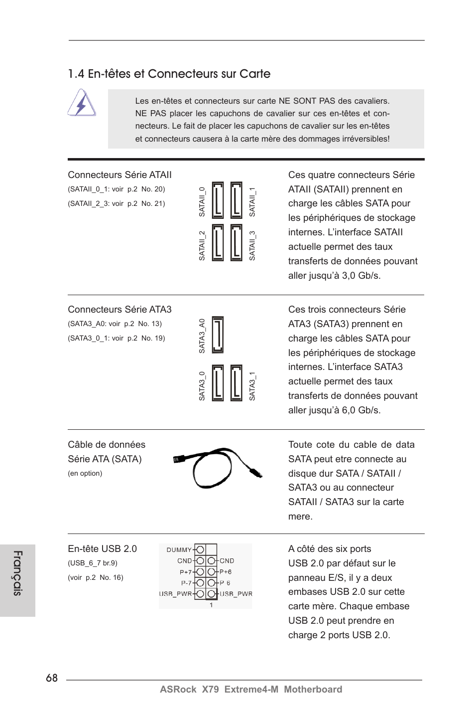 Français 1.4 en-têtes et connecteurs sur carte | ASRock X79 Extreme4-M User Manual | Page 68 / 229