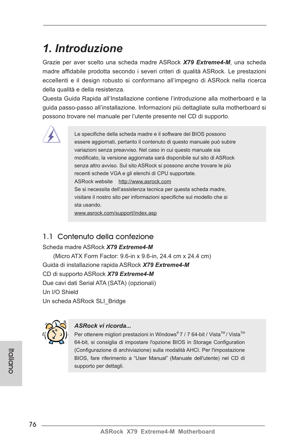 Italian, Introduzione, 1 contenuto della confezione | Italiano | ASRock X79 Extreme4-M User Manual | Page 76 / 229