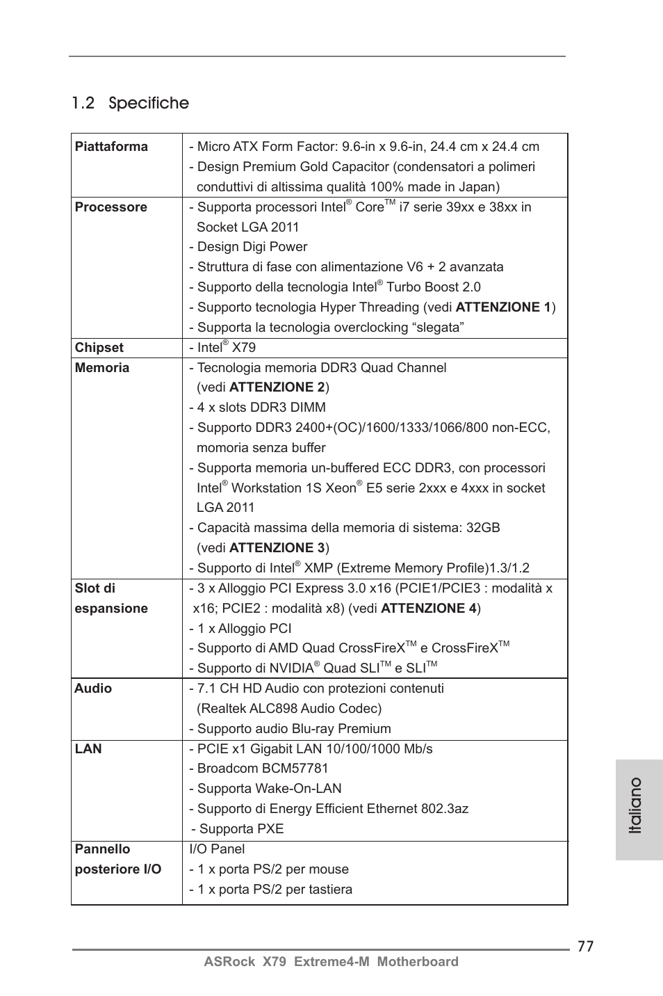 Italiano 1.2 specifiche | ASRock X79 Extreme4-M User Manual | Page 77 / 229