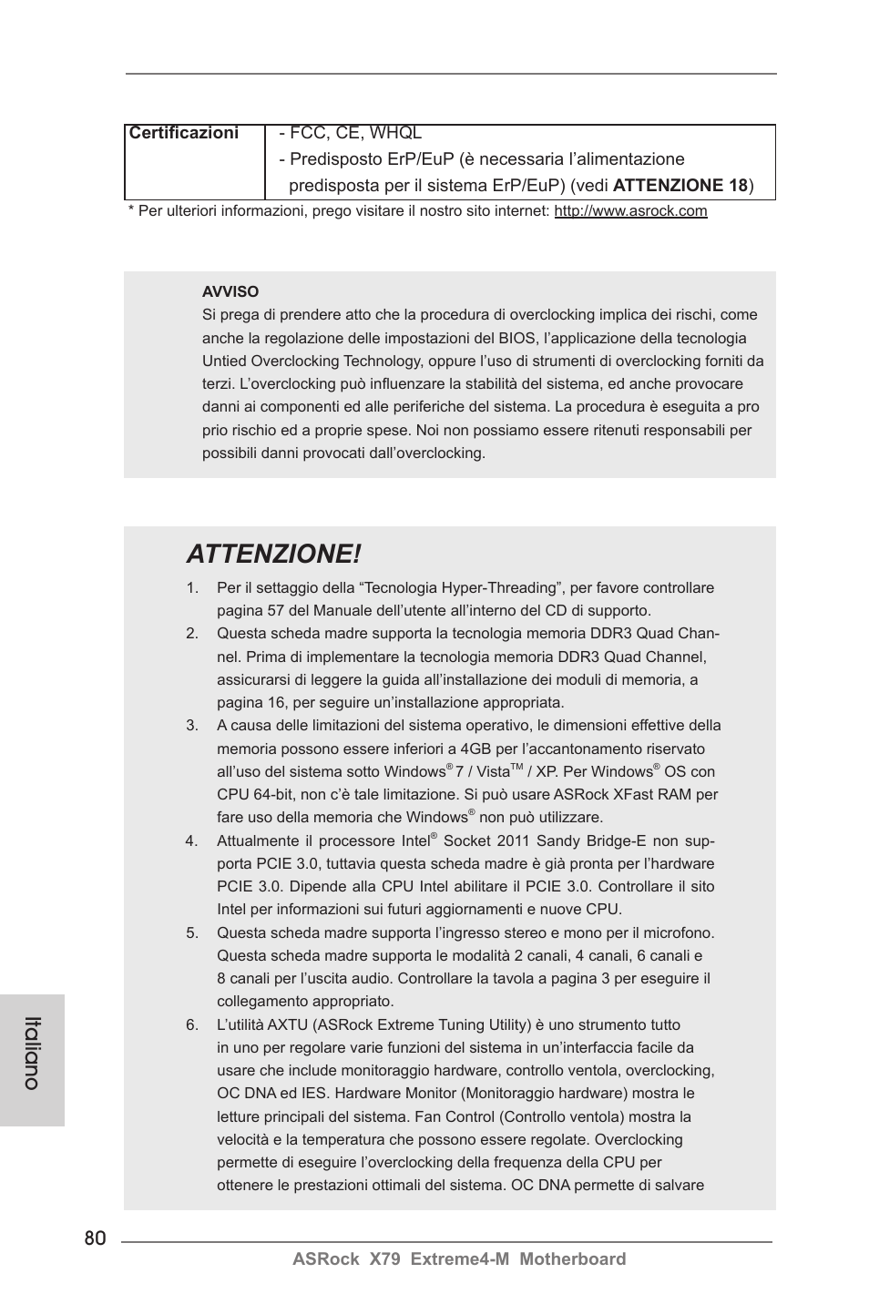 Attenzione, Italiano | ASRock X79 Extreme4-M User Manual | Page 80 / 229