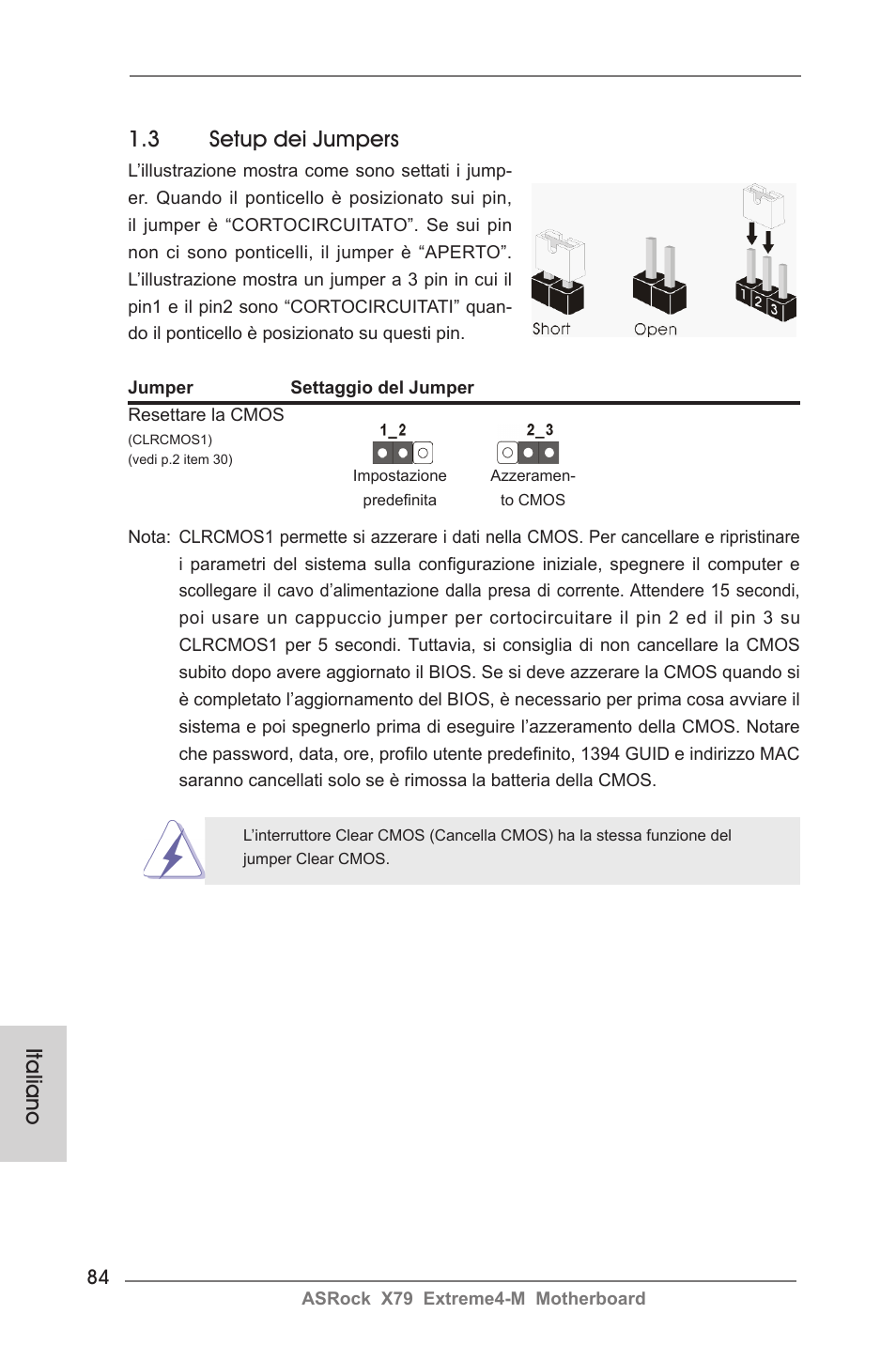 Italiano 1.3 setup dei jumpers | ASRock X79 Extreme4-M User Manual | Page 84 / 229
