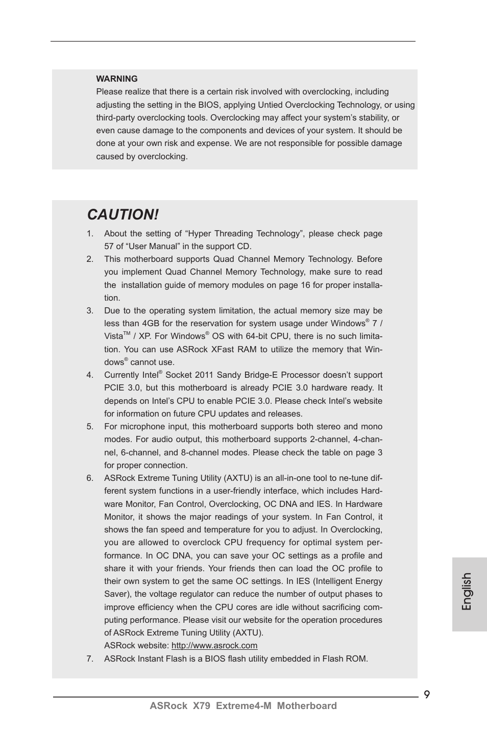 Caution, English | ASRock X79 Extreme4-M User Manual | Page 9 / 229