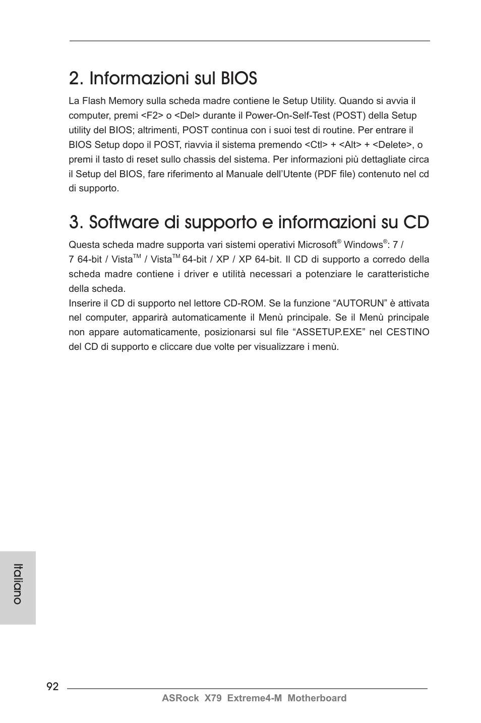 Informazioni sul bios, Software di supporto e informazioni su cd, Italiano | ASRock X79 Extreme4-M User Manual | Page 92 / 229