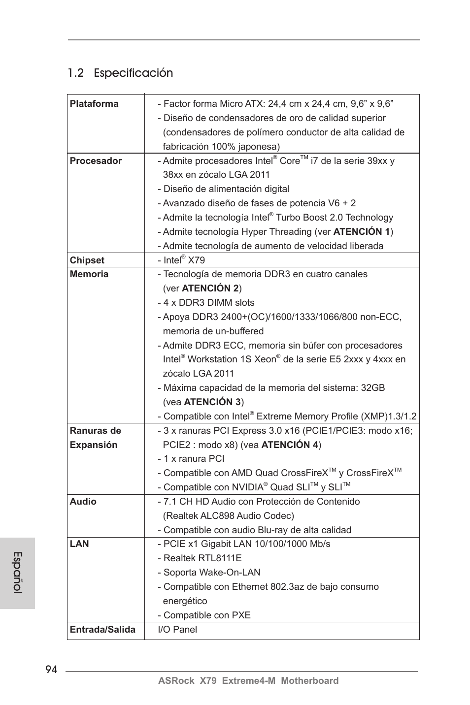 Español 1.2 especificación | ASRock X79 Extreme4-M User Manual | Page 94 / 229