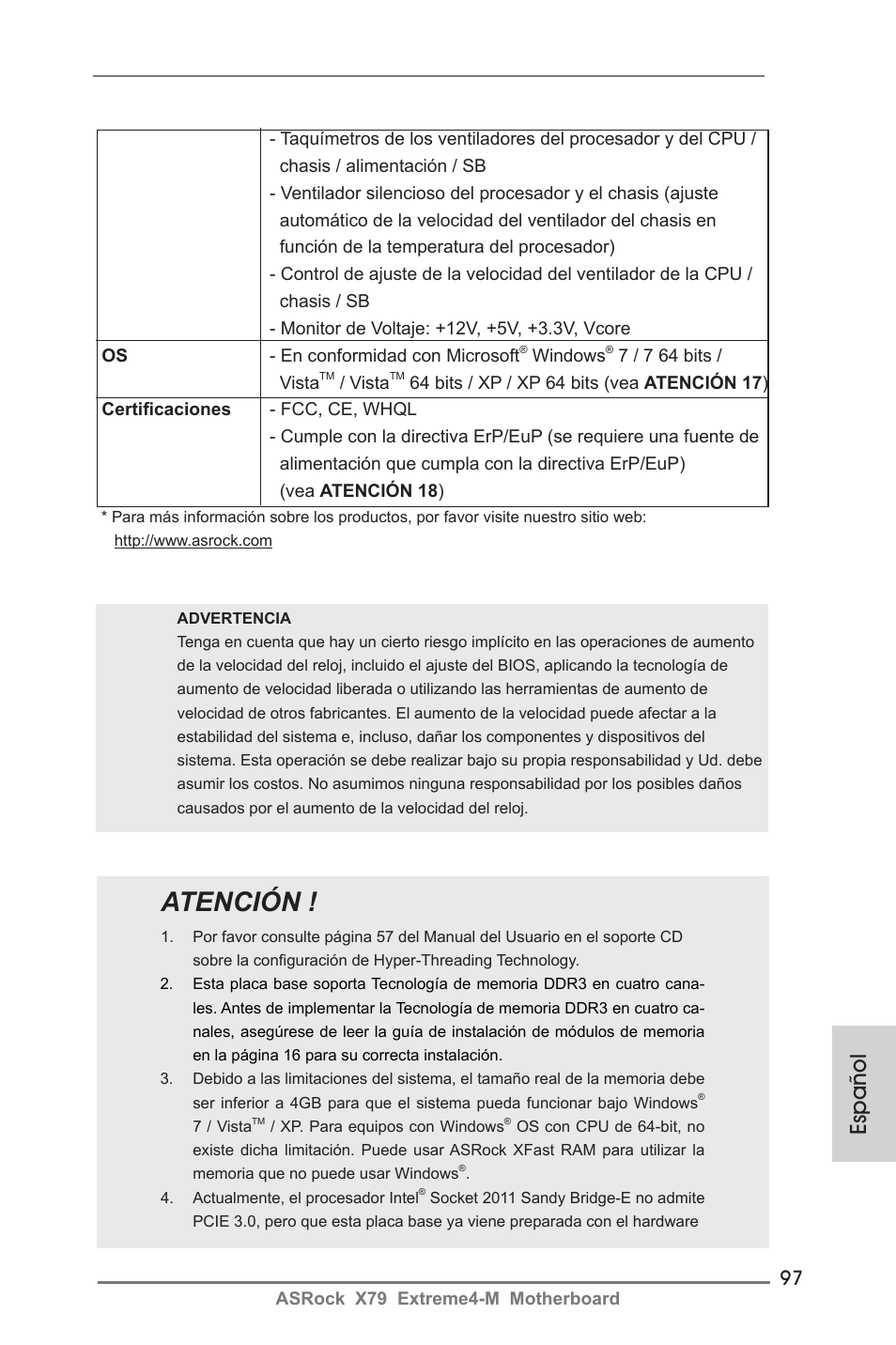 Atención, Español | ASRock X79 Extreme4-M User Manual | Page 97 / 229