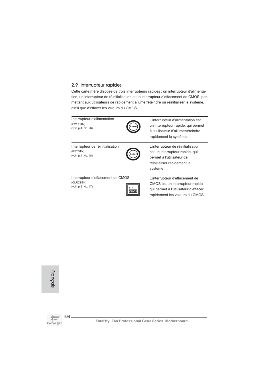 9 interrupteur rapides, Français | ASRock Fatal1ty Z68 Professional Gen3 User Manual | Page 104 / 317