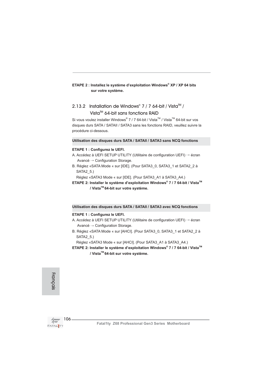 2 installation de windows, 7 / 7 64-bit / vista, Vista | Bit sans fonctions raid, Français | ASRock Fatal1ty Z68 Professional Gen3 User Manual | Page 106 / 317