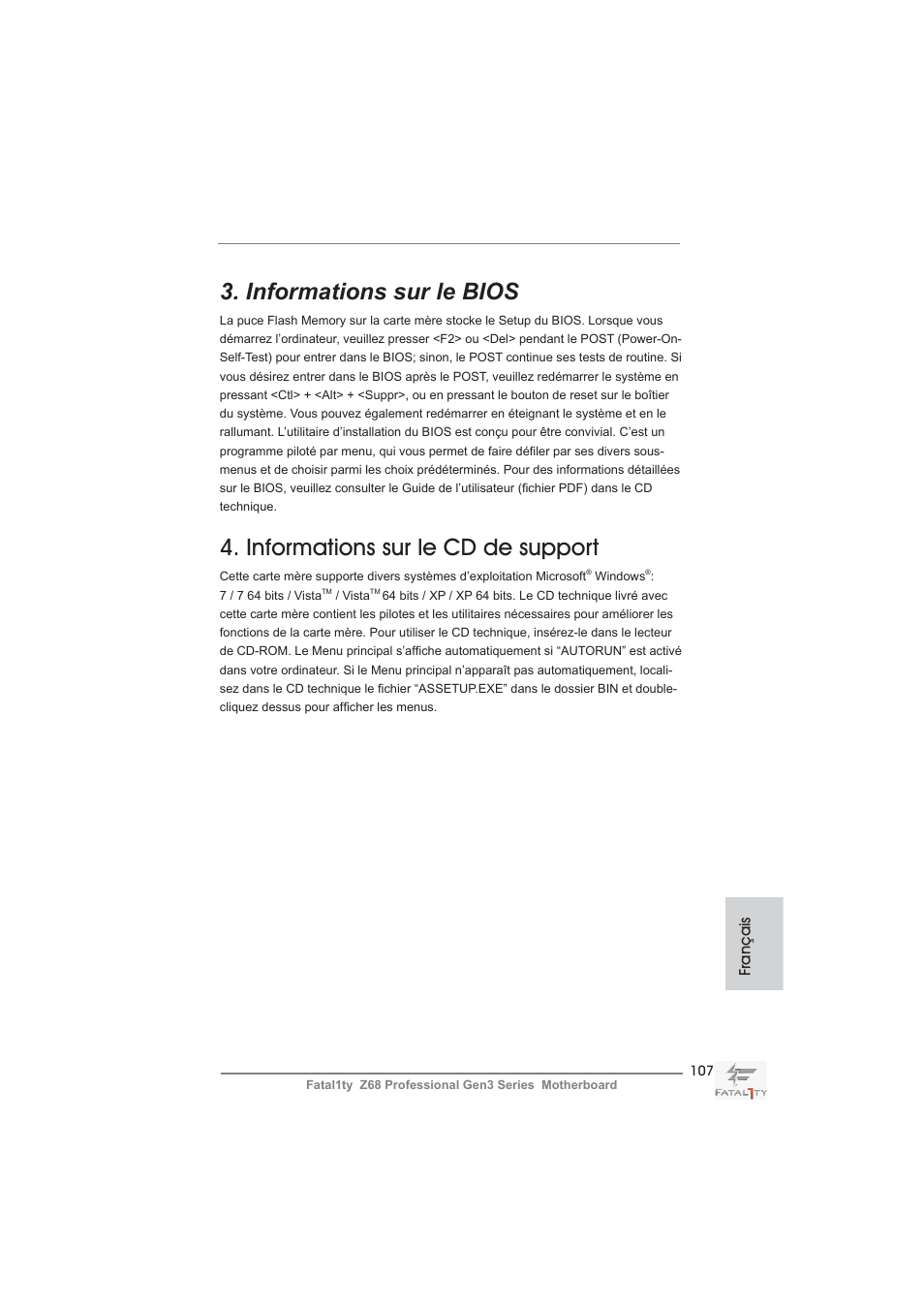 Informations sur le bios, Informations sur le cd de support | ASRock Fatal1ty Z68 Professional Gen3 User Manual | Page 107 / 317