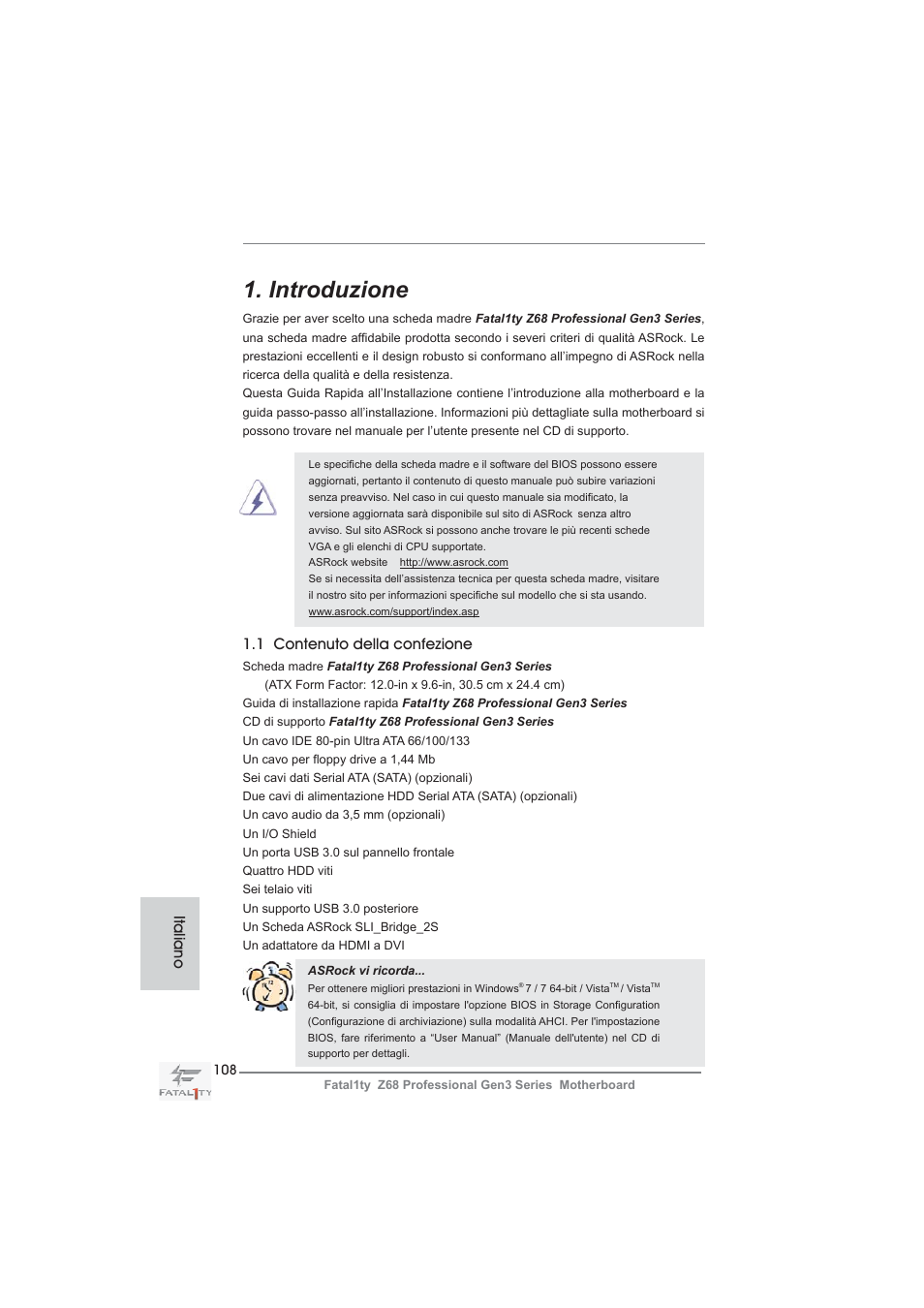 Italian, Introduzione, 1 contenuto della confezione | Italiano | ASRock Fatal1ty Z68 Professional Gen3 User Manual | Page 108 / 317