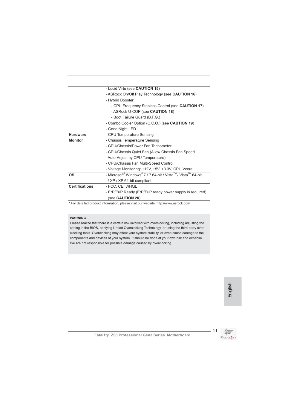 English | ASRock Fatal1ty Z68 Professional Gen3 User Manual | Page 11 / 317