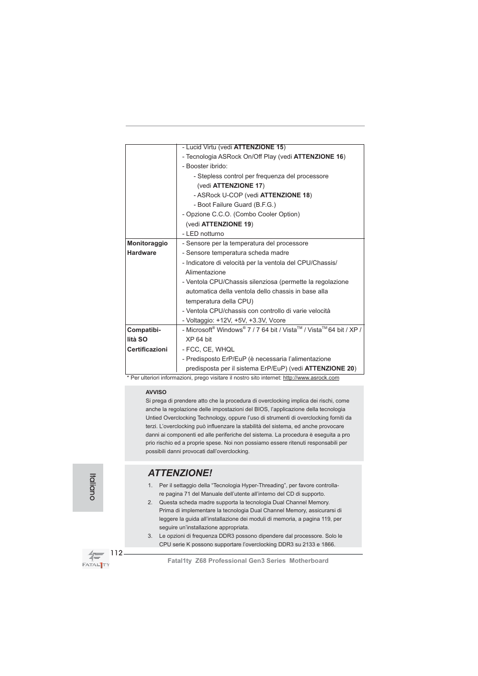 Attenzione, Italiano | ASRock Fatal1ty Z68 Professional Gen3 User Manual | Page 112 / 317