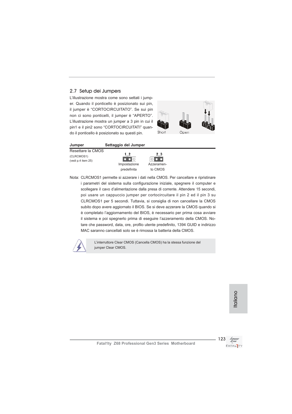 7 setup dei jumpers, Italiano | ASRock Fatal1ty Z68 Professional Gen3 User Manual | Page 123 / 317