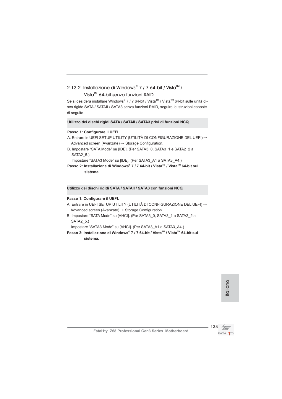 2 installazione di windows, 7 / 7 64-bit / vista, Vista | Bit senza funzioni raid, Italiano | ASRock Fatal1ty Z68 Professional Gen3 User Manual | Page 133 / 317