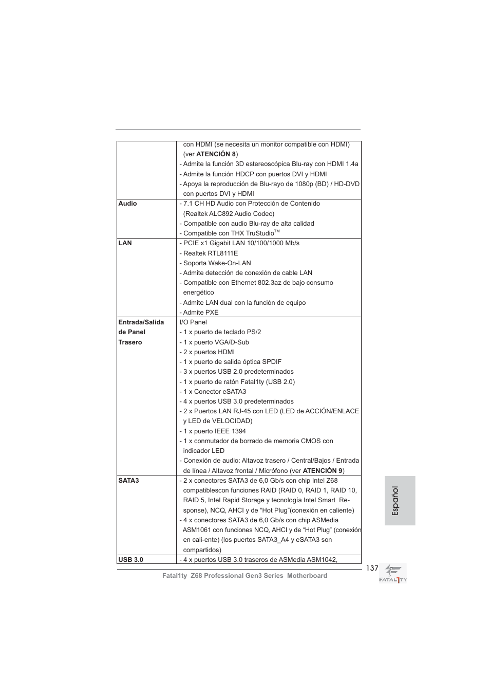 Español | ASRock Fatal1ty Z68 Professional Gen3 User Manual | Page 137 / 317