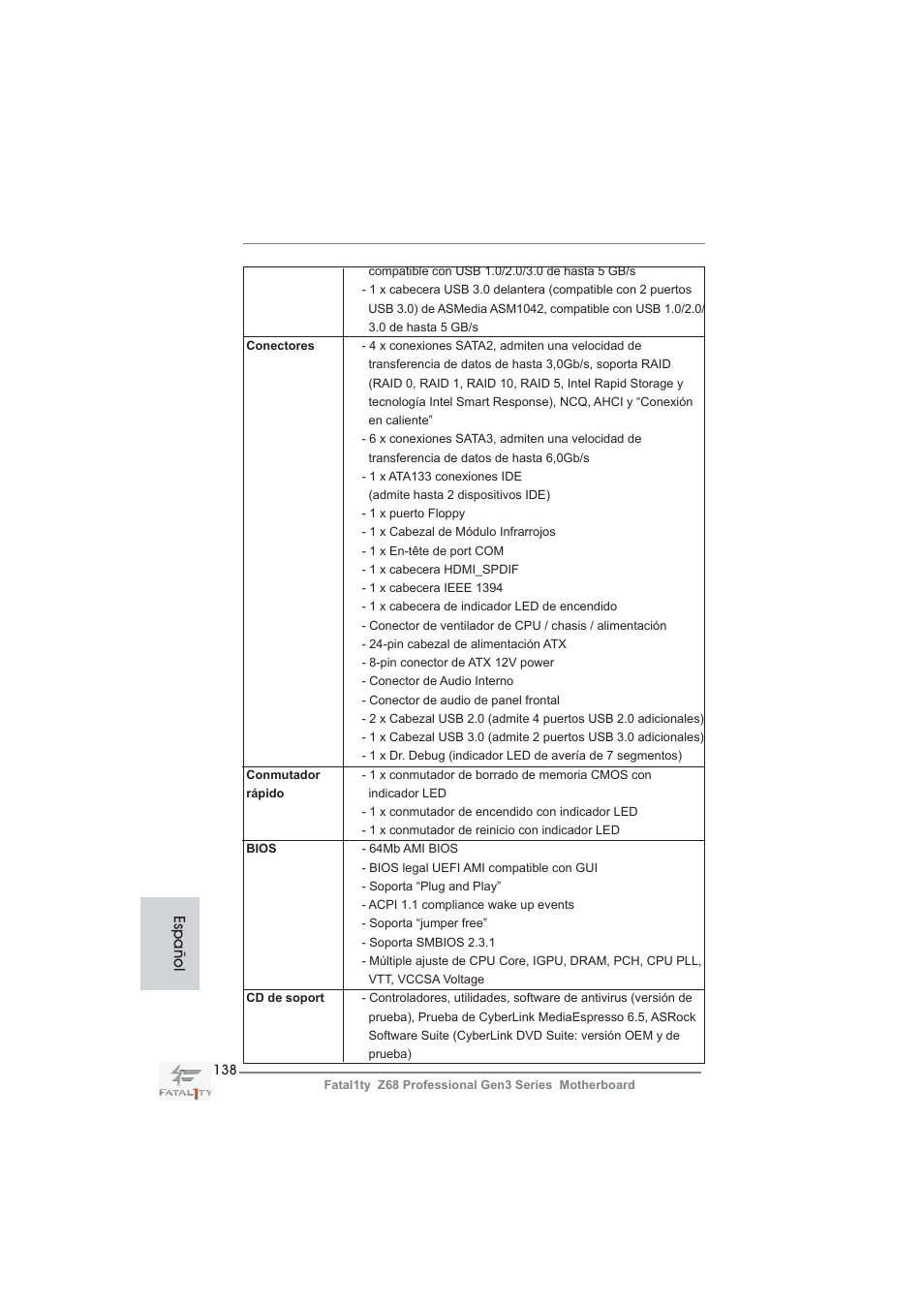 Español | ASRock Fatal1ty Z68 Professional Gen3 User Manual | Page 138 / 317