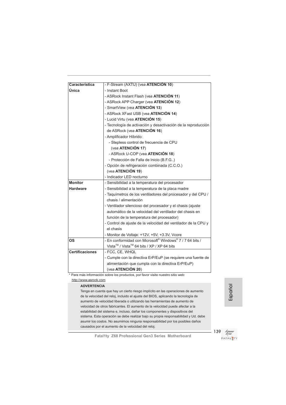 Español | ASRock Fatal1ty Z68 Professional Gen3 User Manual | Page 139 / 317