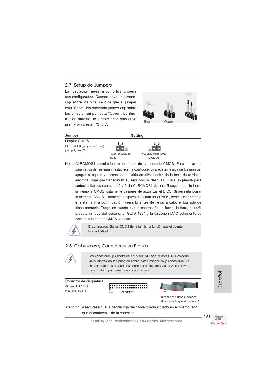 7 setup de jumpers, 8 cabezales y conectores en placas, Español | ASRock Fatal1ty Z68 Professional Gen3 User Manual | Page 151 / 317
