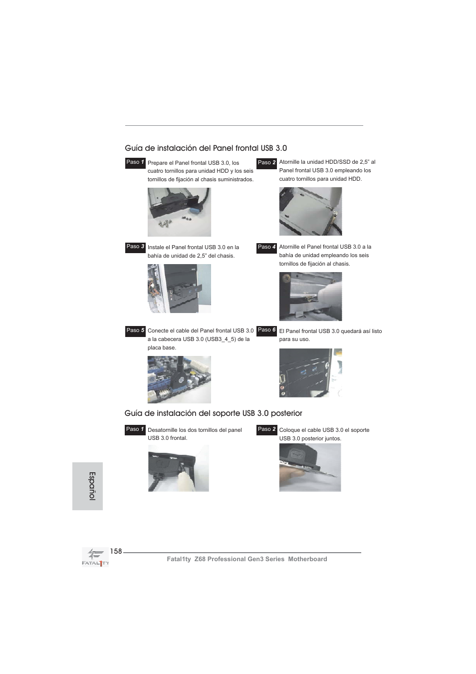 Guía de instalación del panel frontal usb 3.0, Guía de instalación del soporte usb 3.0 posterior, Español | ASRock Fatal1ty Z68 Professional Gen3 User Manual | Page 158 / 317