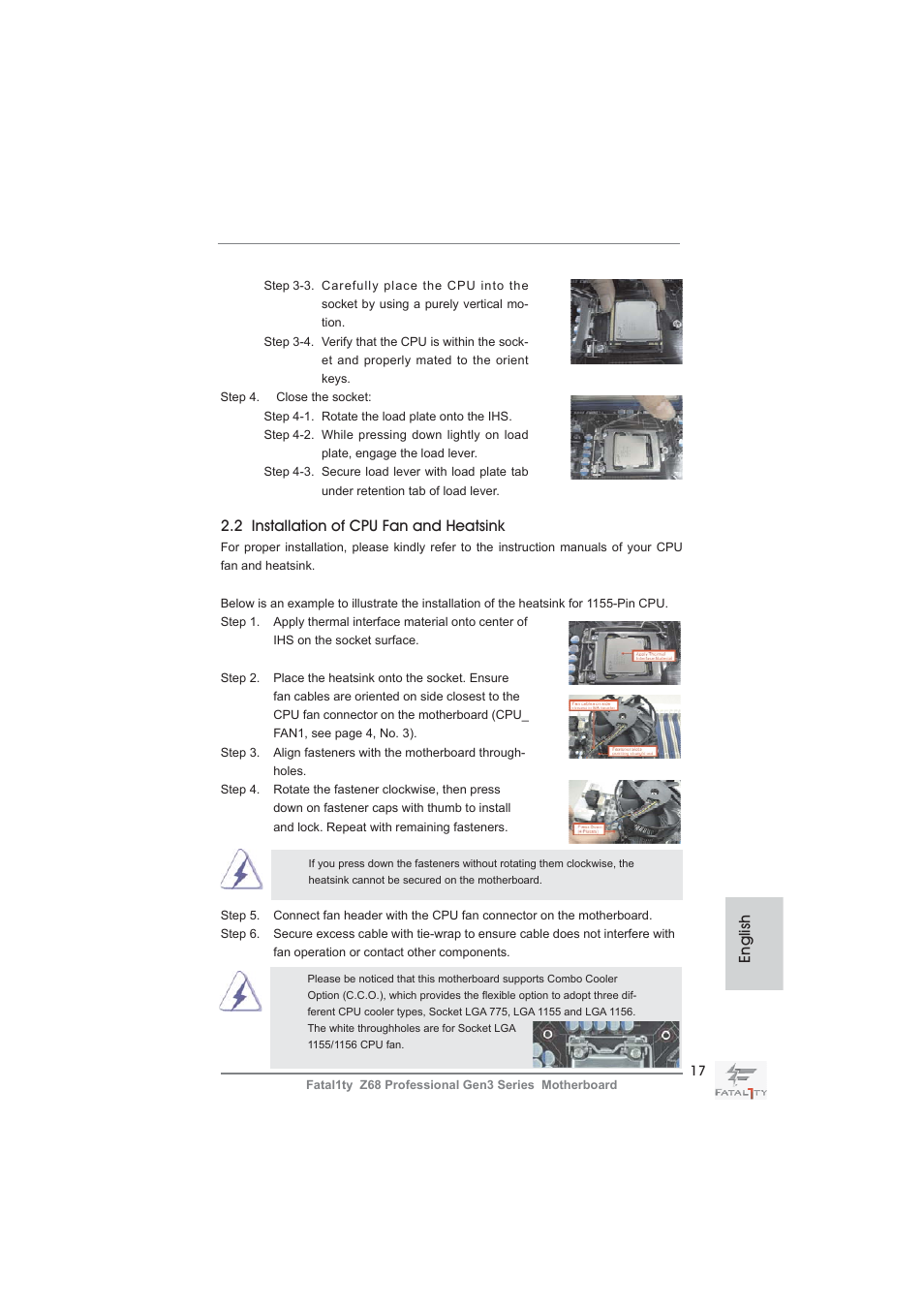 2 installation of cpu fan and heatsink, English | ASRock Fatal1ty Z68 Professional Gen3 User Manual | Page 17 / 317