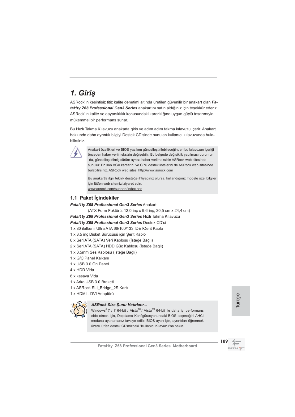 Turkish, Giriş | ASRock Fatal1ty Z68 Professional Gen3 User Manual | Page 189 / 317