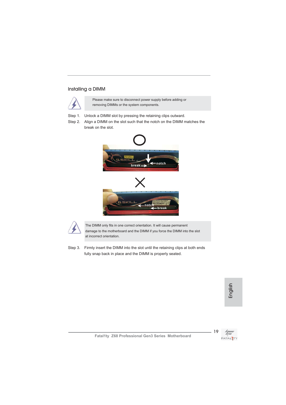 Installing a dimm, English | ASRock Fatal1ty Z68 Professional Gen3 User Manual | Page 19 / 317
