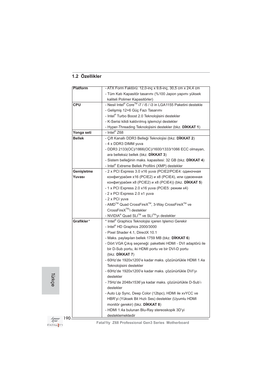 2 özellikler, Türkçe | ASRock Fatal1ty Z68 Professional Gen3 User Manual | Page 190 / 317