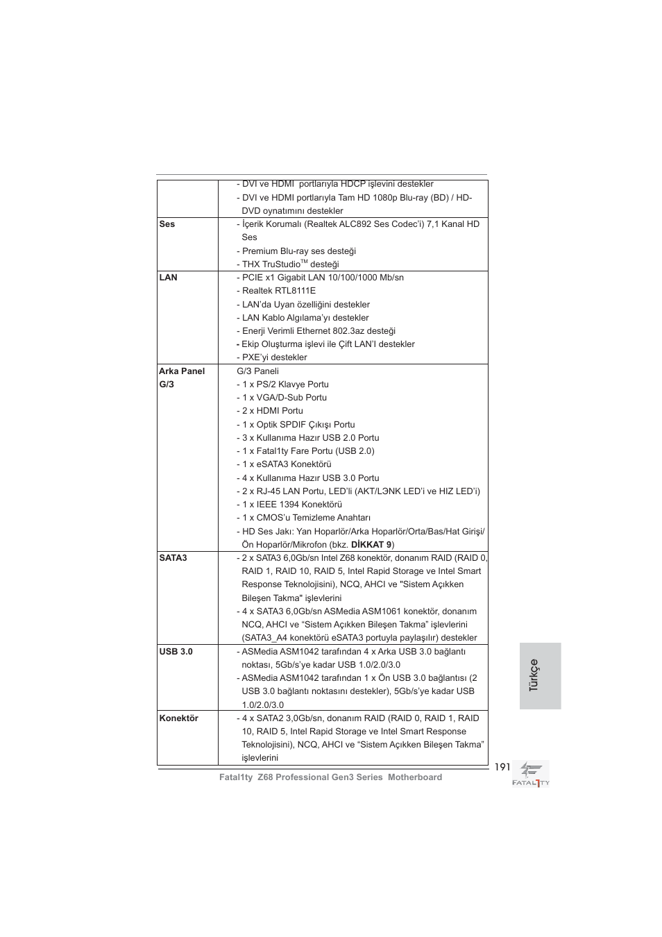 Türkçe | ASRock Fatal1ty Z68 Professional Gen3 User Manual | Page 191 / 317