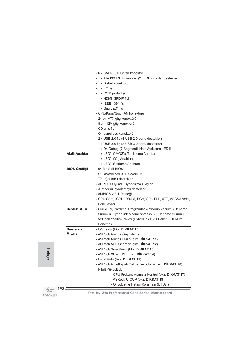 Türkçe | ASRock Fatal1ty Z68 Professional Gen3 User Manual | Page 192 / 317