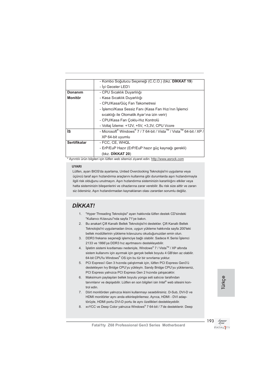 Dikkat, Türkçe | ASRock Fatal1ty Z68 Professional Gen3 User Manual | Page 193 / 317