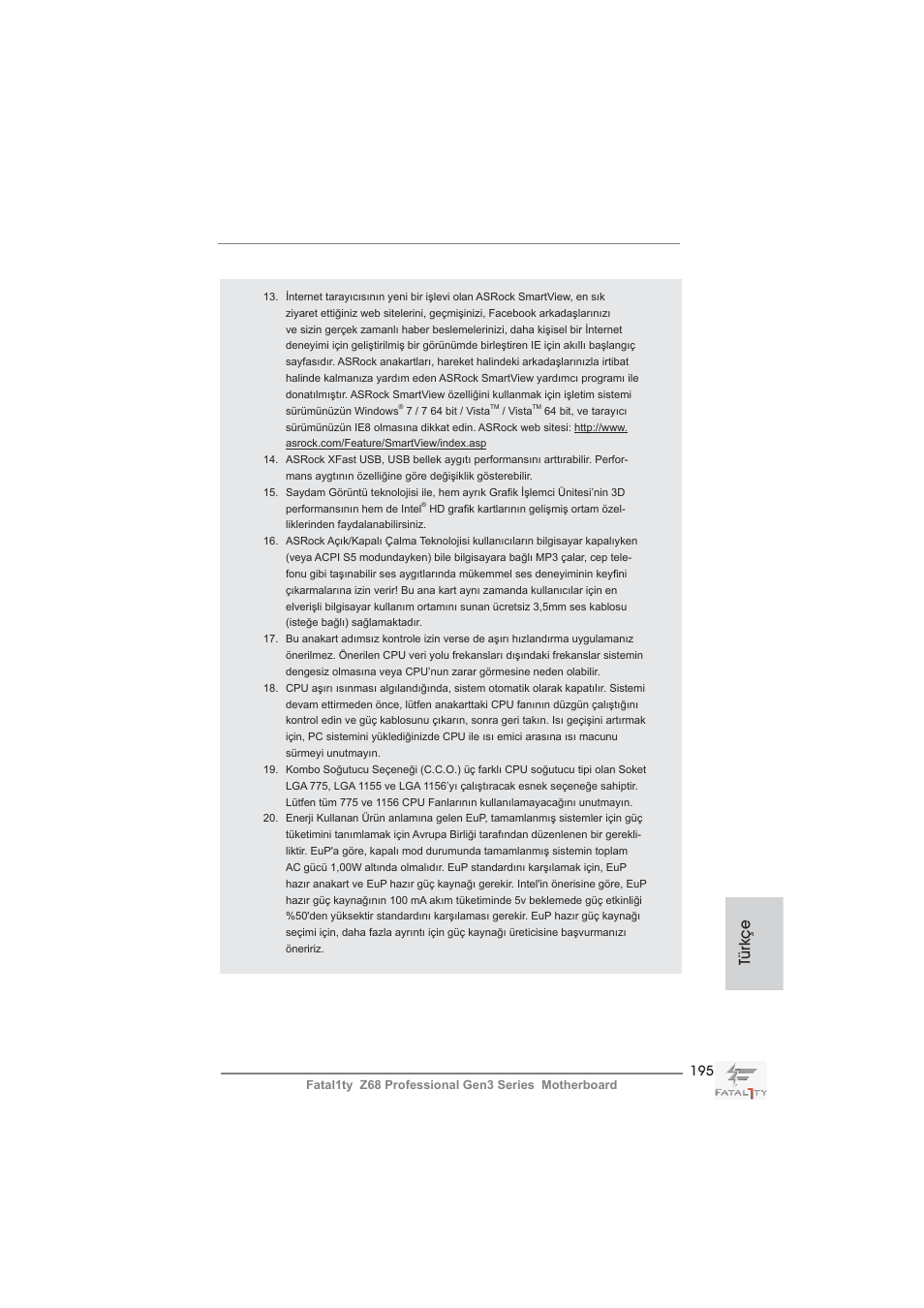 Türkçe | ASRock Fatal1ty Z68 Professional Gen3 User Manual | Page 195 / 317