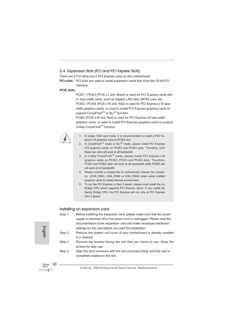 Installing an expansion card | ASRock Fatal1ty Z68 Professional Gen3 User Manual | Page 20 / 317