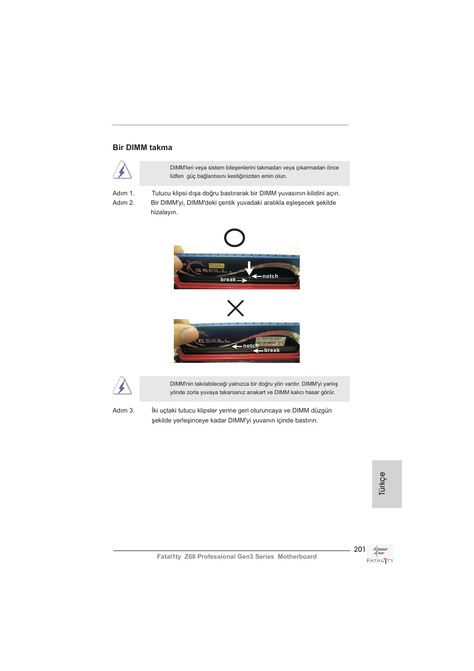 Bir dimm takma, Türkçe | ASRock Fatal1ty Z68 Professional Gen3 User Manual | Page 201 / 317