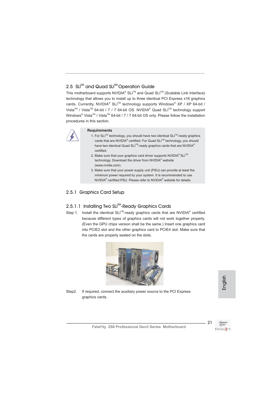 5 sli, And quad sli, Operation guide | Ready graphics cards, English | ASRock Fatal1ty Z68 Professional Gen3 User Manual | Page 21 / 317