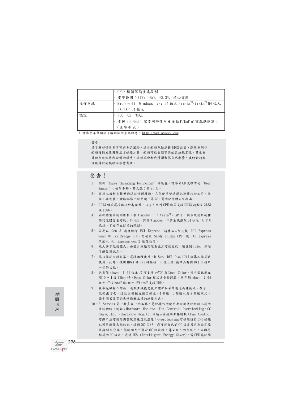 繁體中文 | ASRock Fatal1ty Z68 Professional Gen3 User Manual | Page 296 / 317