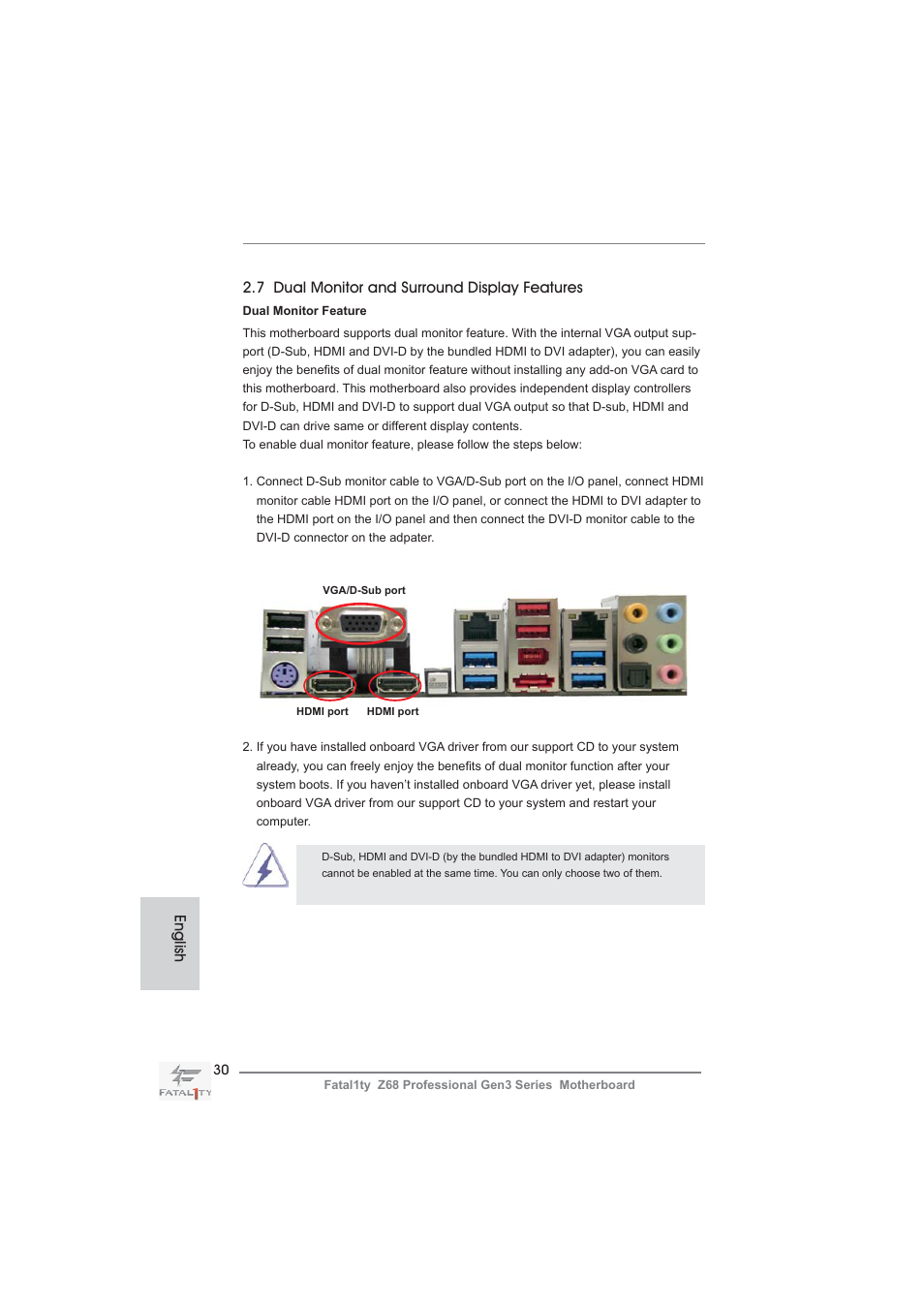 English, 7 dual monitor and surround display features | ASRock Fatal1ty Z68 Professional Gen3 User Manual | Page 30 / 317