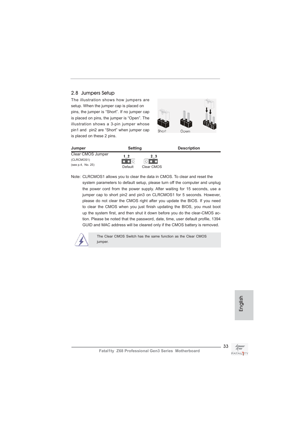 8 jumpers setup, English | ASRock Fatal1ty Z68 Professional Gen3 User Manual | Page 33 / 317